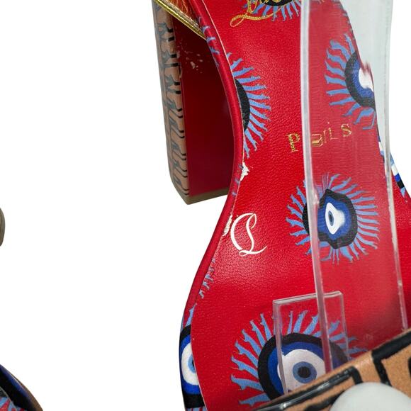 Christian Louboutin Movida Athina Platform Heels Tribal Print Gold Straps 37.5 - Picture 4 of 11